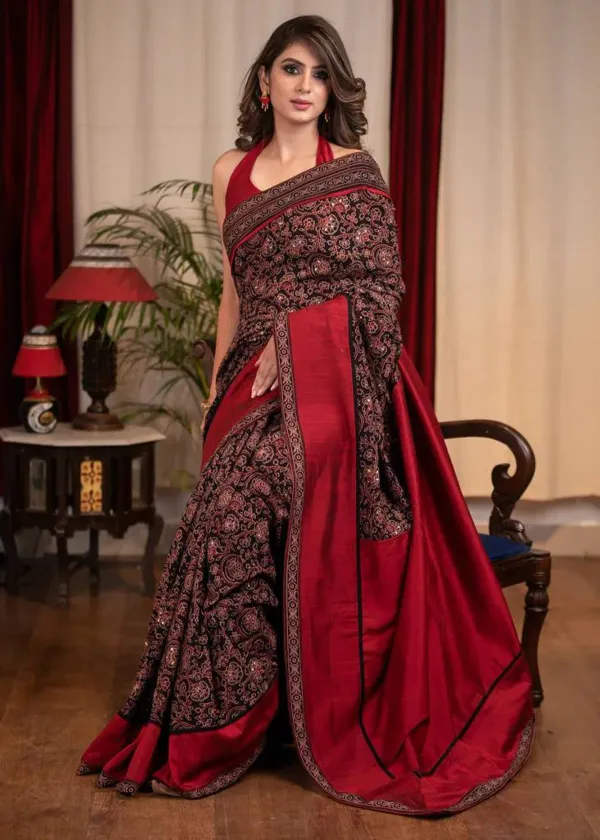Red_Ajrakh_Saree_With_Blouse_Piece.