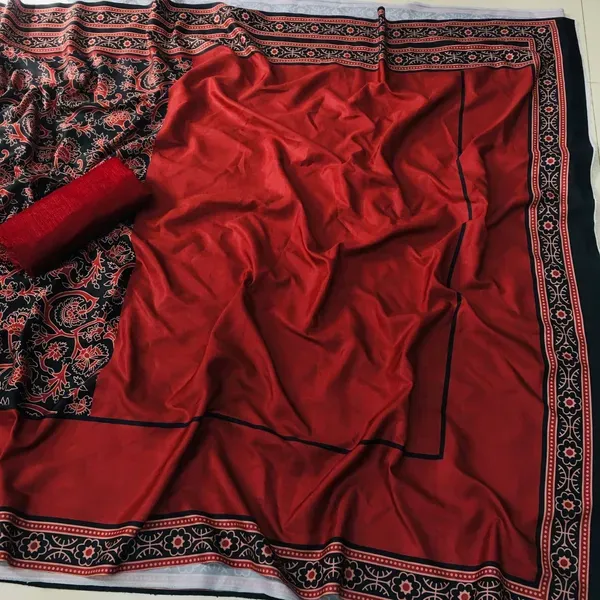 Red_Ajrakh_Saree_With_Blouse_Piece.