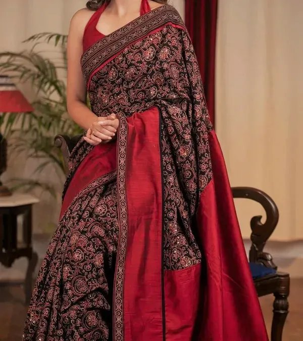 Red_Ajrakh_Saree_With_Blouse_Piece.