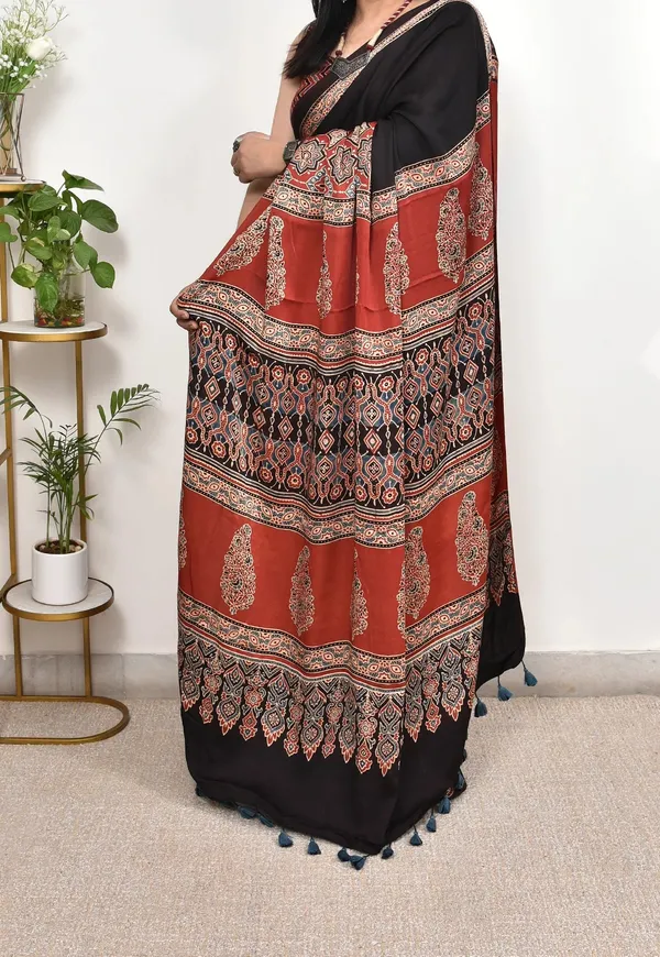 Red_And_Black_Ajrakh_Printed_Soft_Gaji_Silk_Natural_Print_Saree_For_Women