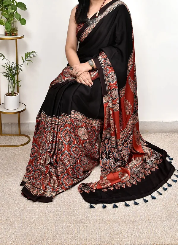 Red_And_Black_Ajrakh_Printed_Soft_Gaji_Silk_Natural_Print_Saree_For_Women
