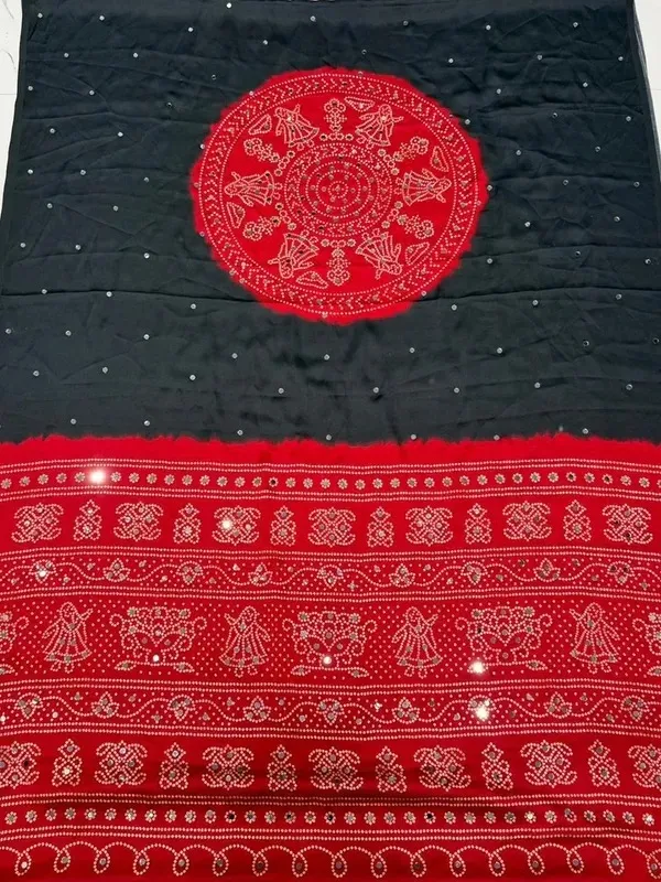 Trending_Black_Bandhani_Ajrakh_Mirror_Modal_Silk_Saree_With_Design_Pallu_For_Women