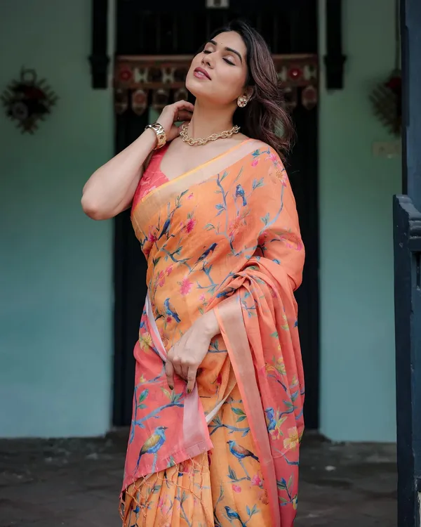 Peach_and_Orange_Pure_Cotton_Linen_Saree_with_Floral_and_Bird_Print_For_Women.