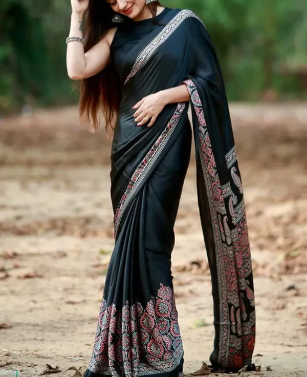Black_Ajrakh_Printed_Modal_Silk_Plain_Saree_With_Ajrakh_Blouse_For_Women