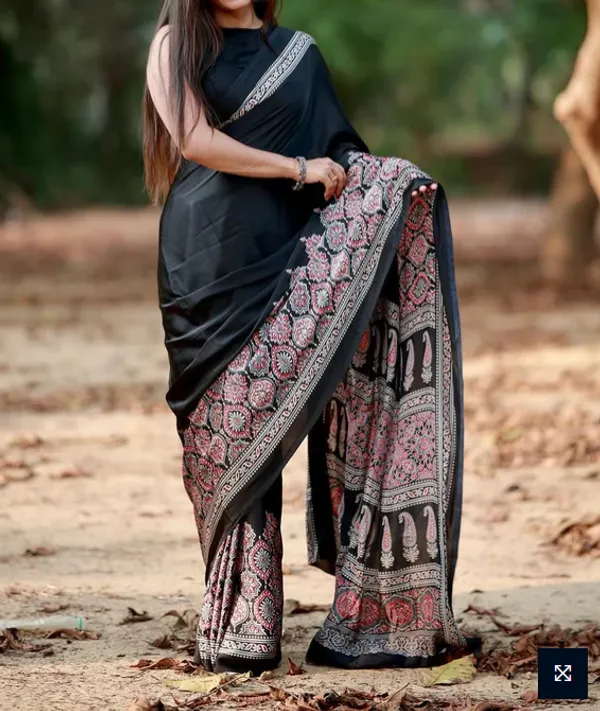 Black_Ajrakh_Printed_Modal_Silk_Plain_Saree_With_Ajrakh_Blouse_For_Women