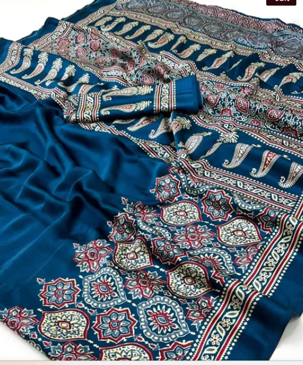 Morpich_Ajrakh_Printed_Modal_Silk_Plain_Saree_With_Ajrakh_Blouse_For_Women