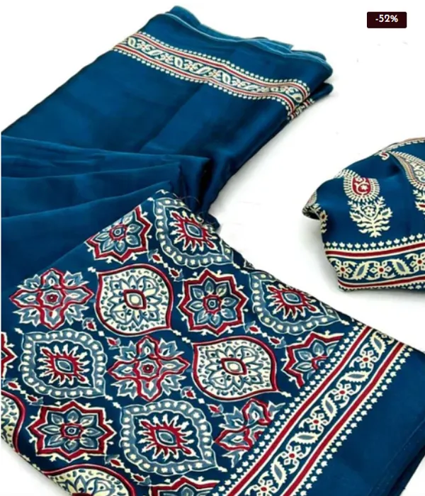 Morpich_Ajrakh_Printed_Modal_Silk_Plain_Saree_With_Ajrakh_Blouse_For_Women