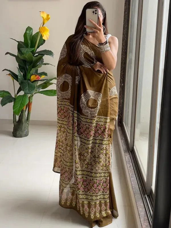Designer_Ajrakh_Butta_Coffy_Modal_Silk_Saree_With_Blouse.