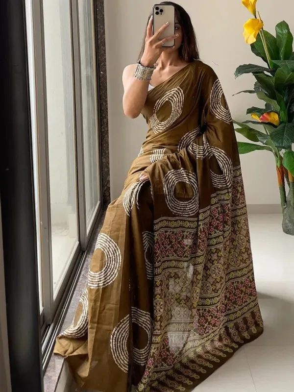 Designer_Ajrakh_Butta_Coffy_Modal_Silk_Saree_With_Blouse.
