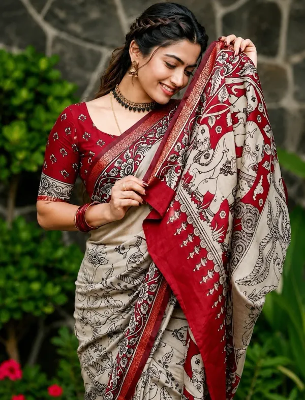 New_Red_Mgalkari_Mul_Cottone_saree_And_Deginer_Palu.