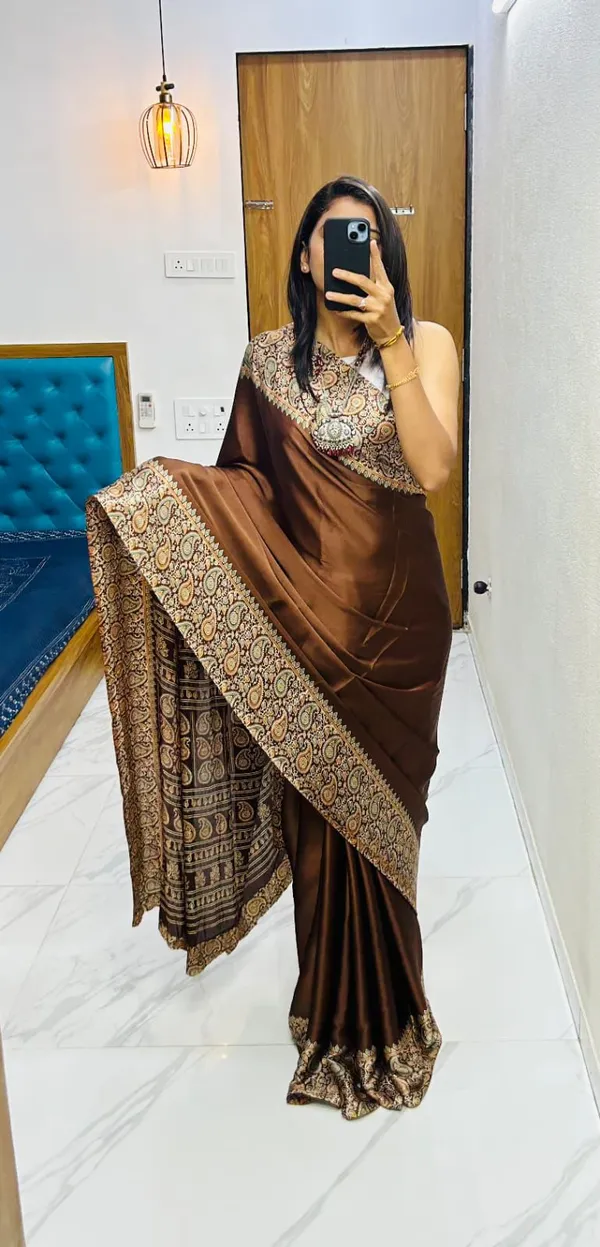 Coffee_Soft_Modal_Silk_Natural_Ajrakh_Printed_Saree_with_Unstitched_Blouse_For_Women