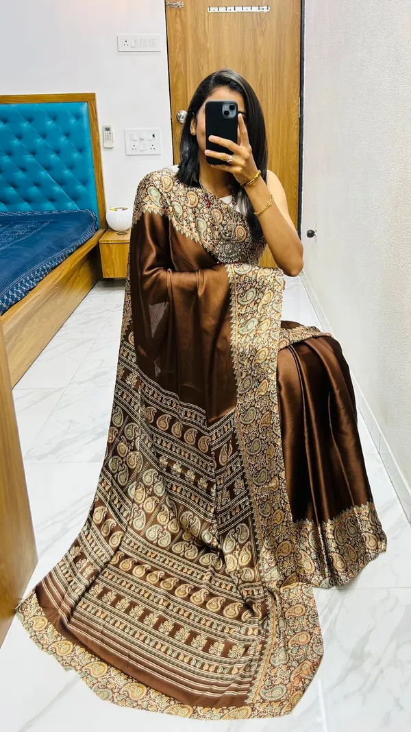 Coffee_Soft_Modal_Silk_Natural_Ajrakh_Printed_Saree_with_Unstitched_Blouse_For_Women