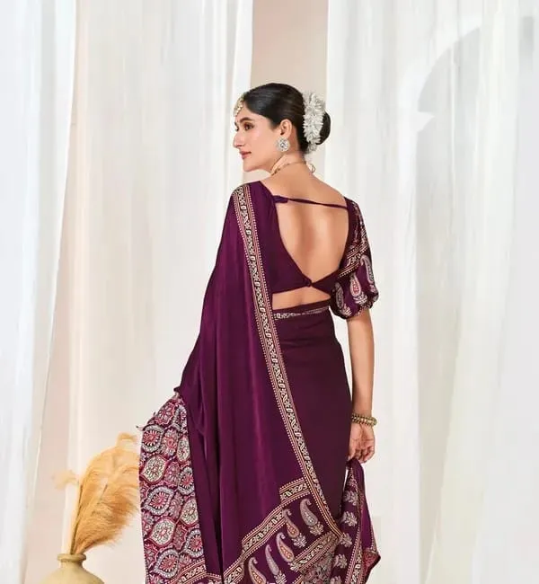 Wine_Ajrakh_Printed_Modal_Silk_Plain_Saree_With_Ajrakh_Blouse_For_Women