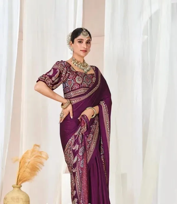 Wine_Ajrakh_Printed_Modal_Silk_Plain_Saree_With_Ajrakh_Blouse_For_Women