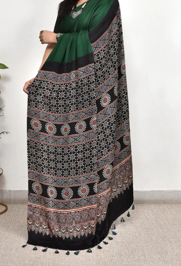 Dark_Green_Ajrakh_Printed_Modal_Silk_Plain_Saree_With_Ajrakh_Blouse_For_Women