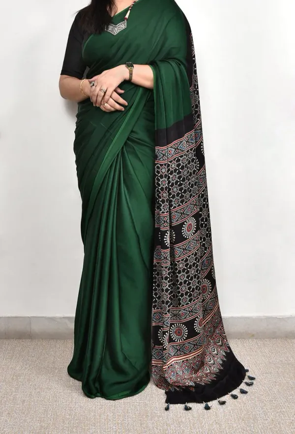 Dark_Green_Ajrakh_Printed_Modal_Silk_Plain_Saree_With_Ajrakh_Blouse_For_Women