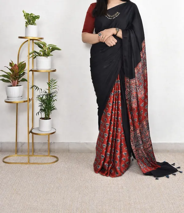 Red_And_Black_Ajrakh_Modal_Silk_Saree.
