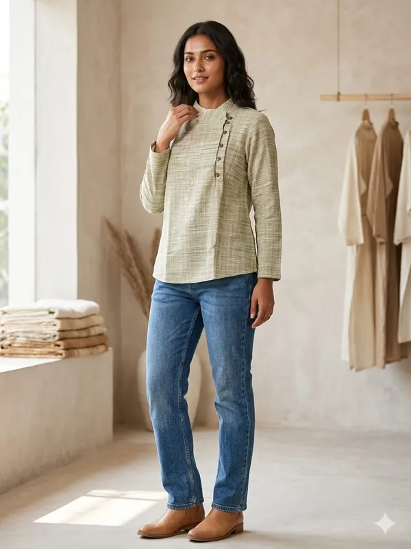 WOVEN_COTTON_PISTA_GREEN_SHORT_KURTA