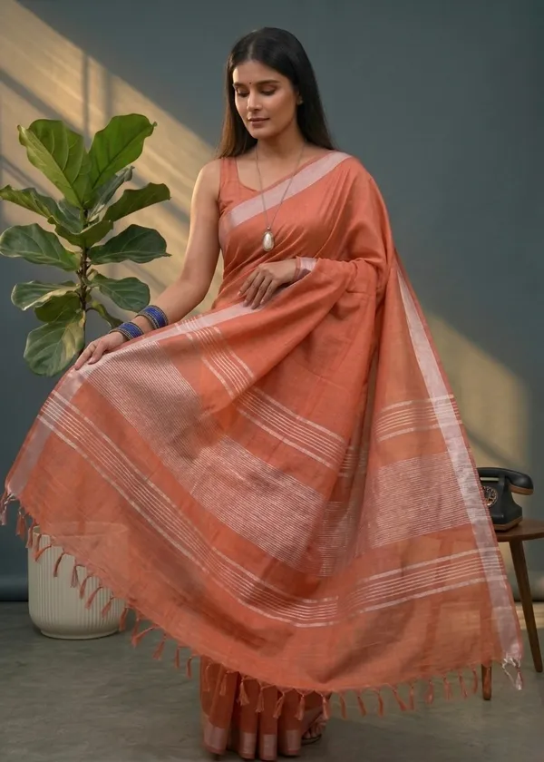 Bhagalpuri_Linen_Blend_Saree_For_Women_-_Peach