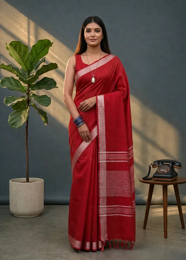 Bhagalpuri_Linen_Blend_Saree_For_Women_-_Red
