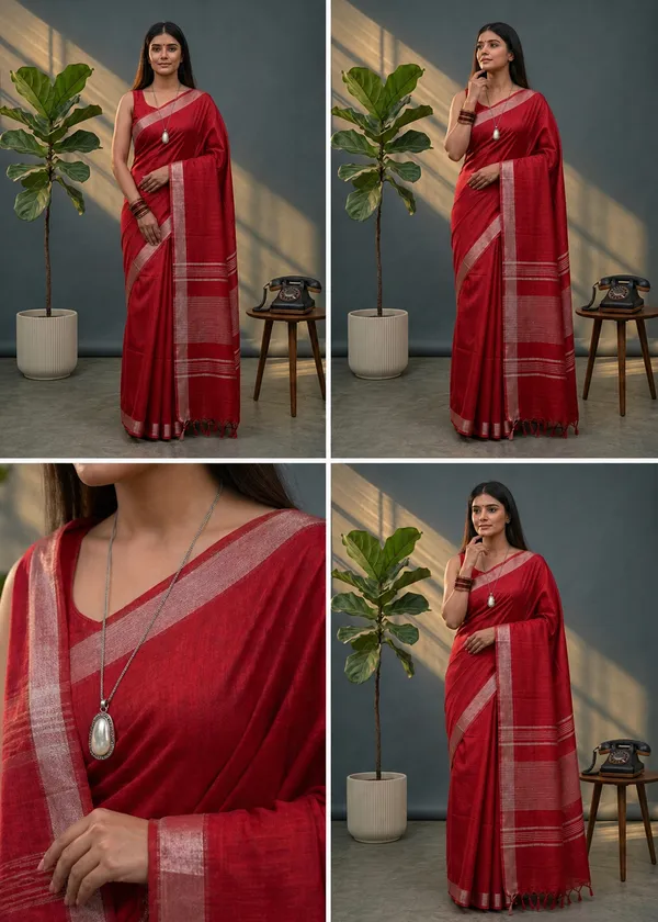 Bhagalpuri_Linen_Blend_Saree_For_Women_-_Red