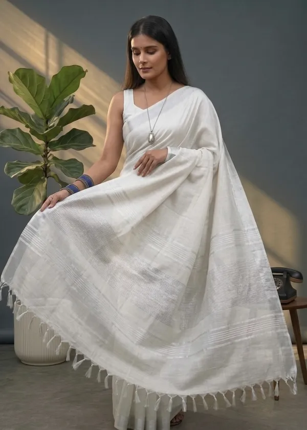 Bhagalpuri_Linen_Blend_Saree_For_Women_-_White