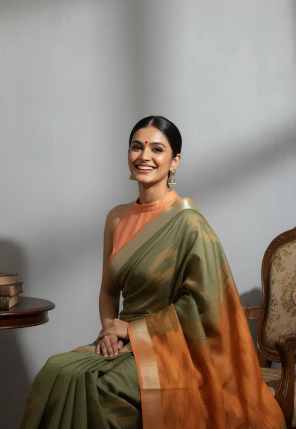 Pure_Cotton_Ikat_Saree_(Orange-Green)
