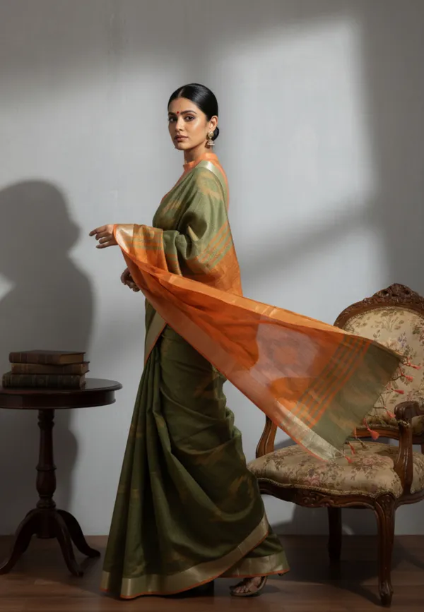 Pure_Cotton_Ikat_Saree_(Orange-Green)