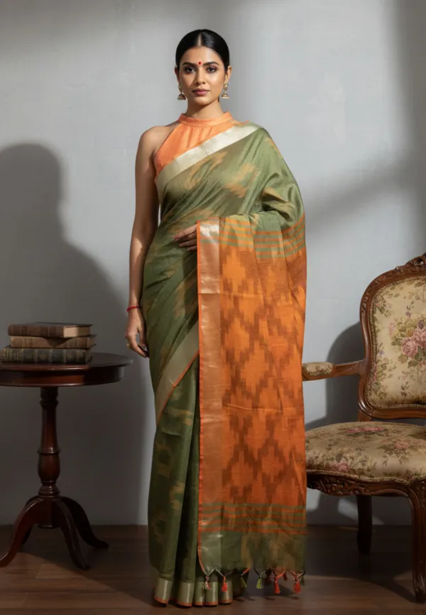 Pure_Cotton_Ikat_Saree_(Orange-Green)