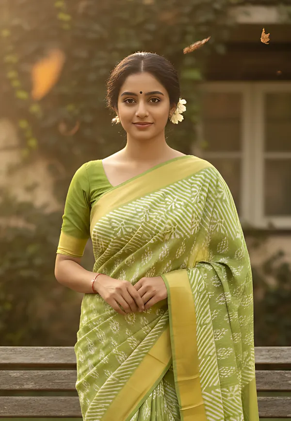 Parrot_Green_Hand_Printed_Silk_Saree_For_Women