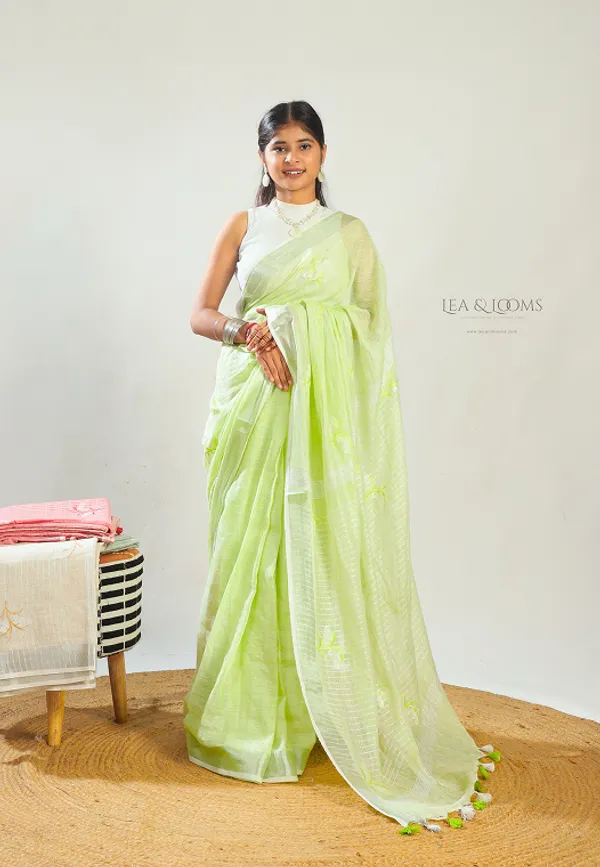 Bhagalpuri_Pure_Linen_Embroidered_Saree_For_Women_-_Lime_Green