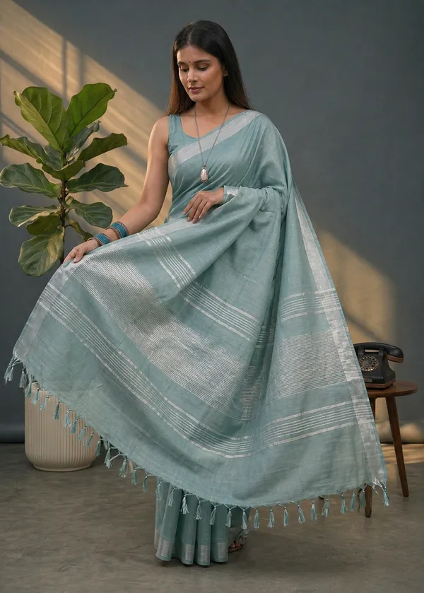 Bhagalpuri_Linen_Blend_Saree_For_Women_-_Sage_Green