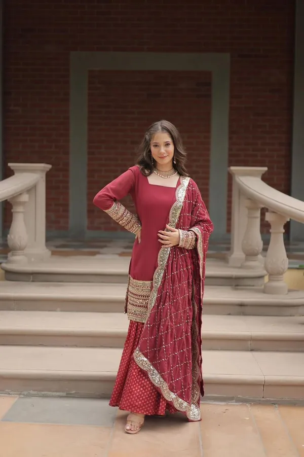 Premium_Faux_Georgette_Sequins_Embroidered_Kurti_Sharara_Dupatta_Set