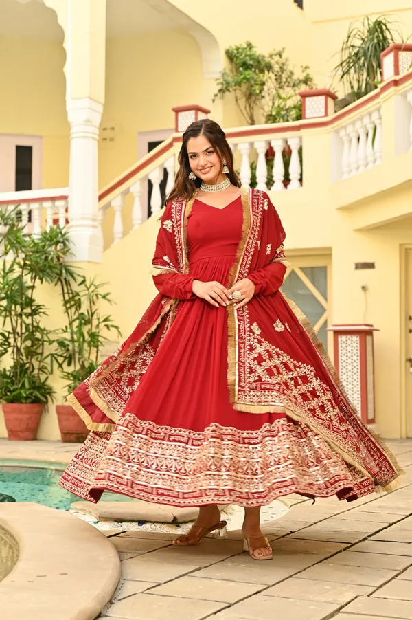 Royal_Maroon_Zari_Sequins_Embroidered_Faux_Blooming_Gown_With_Heritage_Dupatta