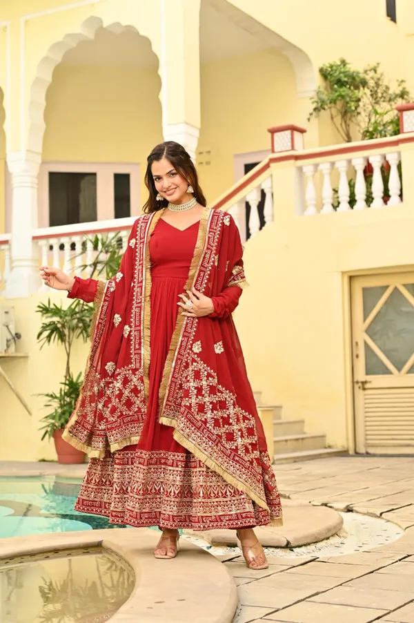 Royal_Maroon_Zari_Sequins_Embroidered_Faux_Blooming_Gown_With_Heritage_Dupatta