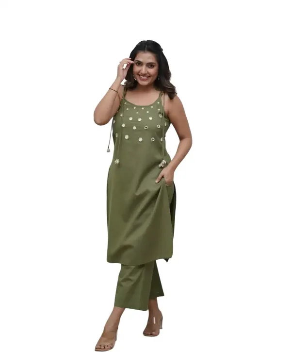 White_Cotton_Premium_&_Elegant_Sleeveless_Kurti_&_Pant_Set_For_Women