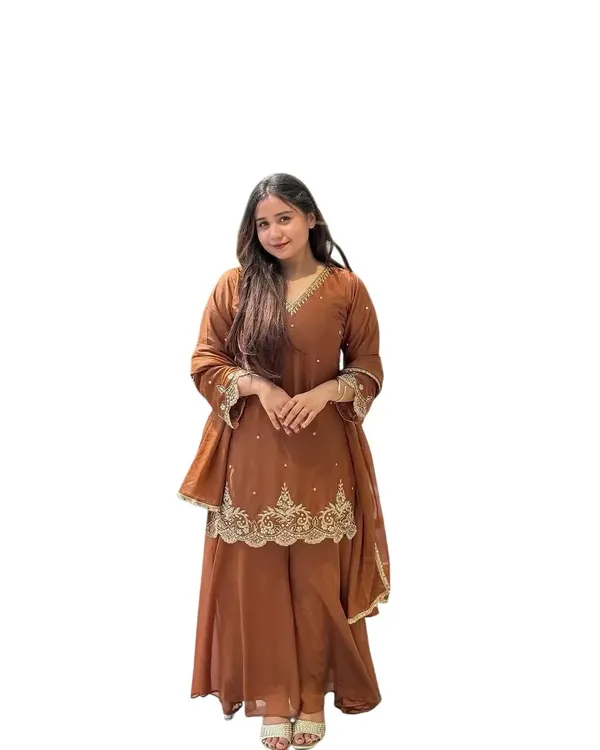 Brown_With_Silver_Zari_Georgette_Sequence_Moti_Work_Straight_Kurti_For_Women