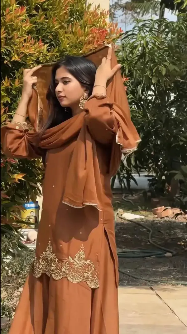 Brown_With_Silver_Zari_Georgette_Sequence_Moti_Work_Straight_Kurti_For_Women