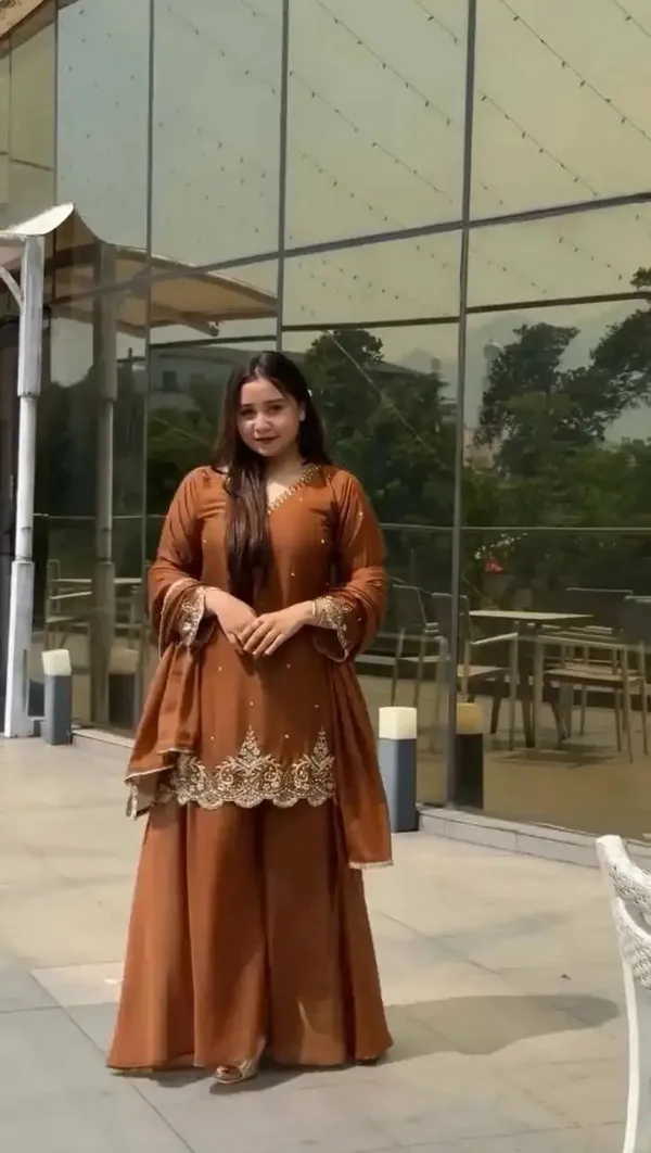 Brown_With_Silver_Zari_Georgette_Sequence_Moti_Work_Straight_Kurti_For_Women