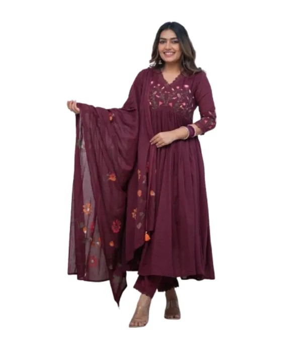 Maroon_Women'S_Cotton_Embroidered_Long_Anarkali_Kurti_With_Pant_And_Dupatta_Set