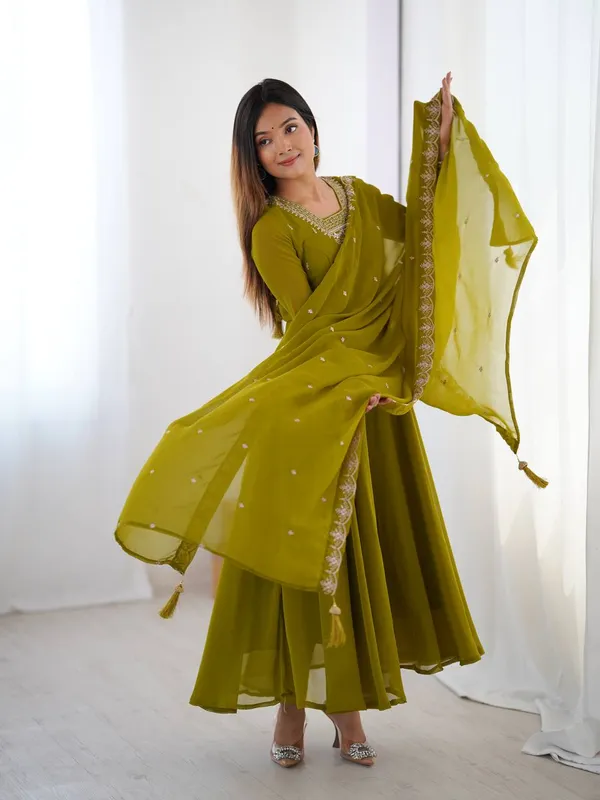 Olive_Green_Pure_Romansilk_Premium_&_Elegant_Anarkali_Kurta_&_Pant_Set_With_Dupatta_For_Women