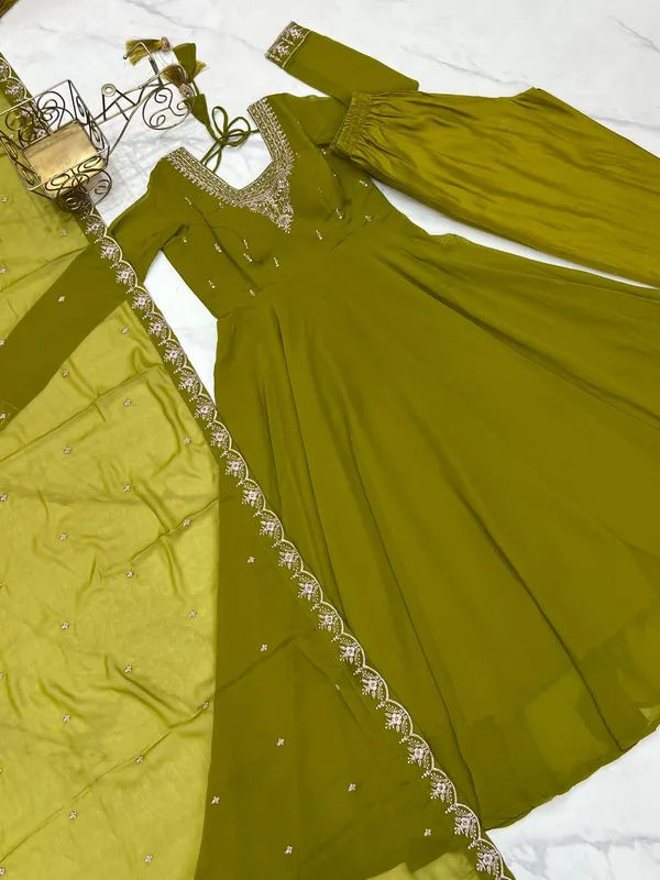 Olive_Green_Pure_Romansilk_Premium_&_Elegant_Anarkali_Kurta_&_Pant_Set_With_Dupatta_For_Women