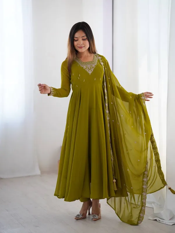 Olive_Green_Pure_Romansilk_Premium_&_Elegant_Anarkali_Kurta_&_Pant_Set_With_Dupatta_For_Women