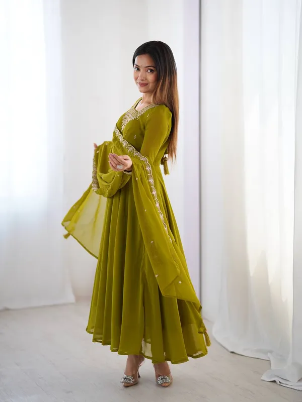 Olive_Green_Pure_Romansilk_Premium_&_Elegant_Anarkali_Kurta_&_Pant_Set_With_Dupatta_For_Women
