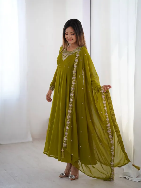 Olive_Green_Pure_Romansilk_Premium_&_Elegant_Anarkali_Kurta_&_Pant_Set_With_Dupatta_For_Women