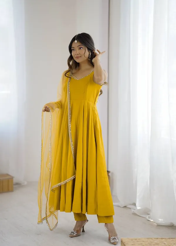 Yellow_Pure_Romansilk_Premium_&_Elegant_Anarkali_Kurta_&_Pant_Set_With_Dupatta_For_Women
