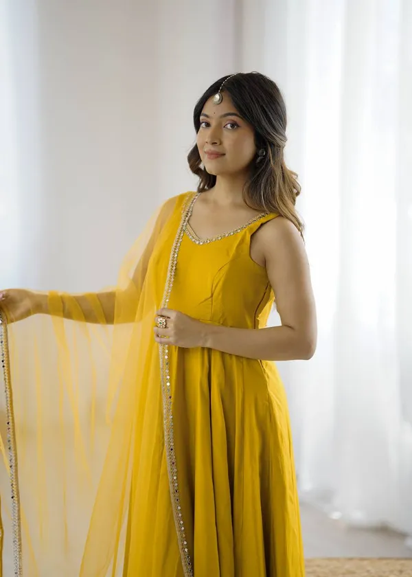 Yellow_Pure_Romansilk_Premium_&_Elegant_Anarkali_Kurta_&_Pant_Set_With_Dupatta_For_Women
