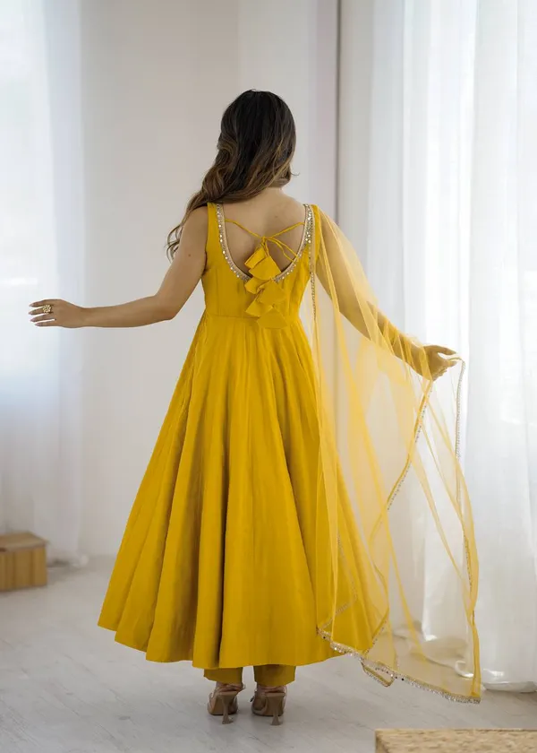 Yellow_Pure_Romansilk_Premium_&_Elegant_Anarkali_Kurta_&_Pant_Set_With_Dupatta_For_Women