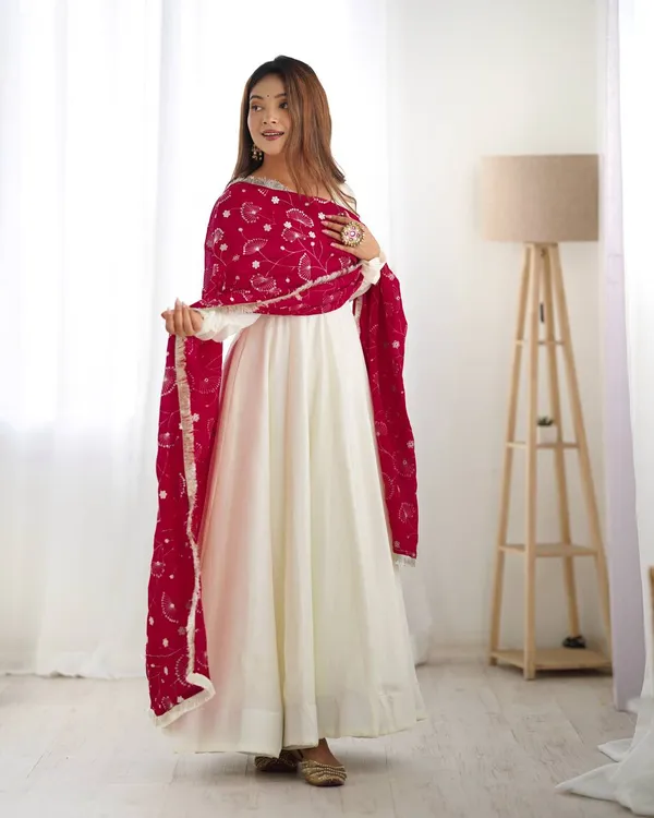 White_&_Dark_Pink_Pure_Romansilk_Premium_&_Elegant_Anarkali_Kurta_&_Pant_Set_With_Dupatta_For_Women