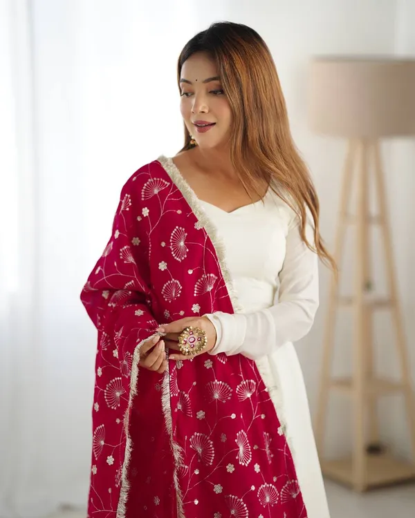 White_&_Dark_Pink_Pure_Romansilk_Premium_&_Elegant_Anarkali_Kurta_&_Pant_Set_With_Dupatta_For_Women